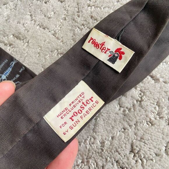 Rooster Collectable Vintage Handprinted Skinny Square Fly Fishing Tie Father's D - Picture 4 of 5